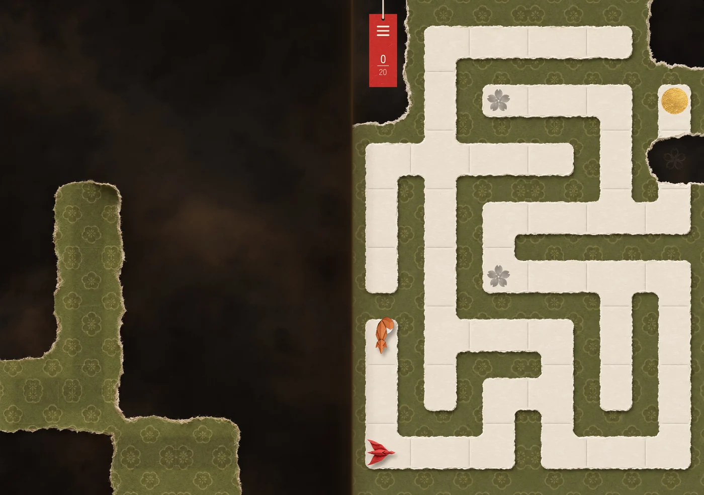 Moss 5 on the open iPhone Duo: the page with holes on the left, the maze with the crane and the fox on the right